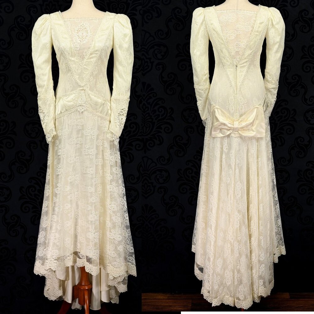 80s Ivory ZURICON METHOD PRESTIGE Satin Lace Overlay High Low Wedding Dress